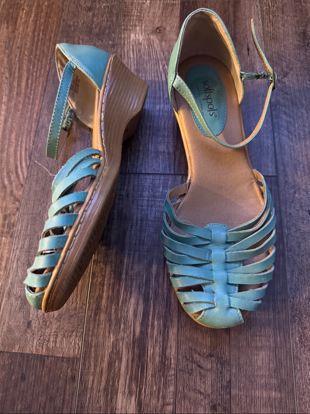 Softspots Teal Strappy Ankle-Wrap Wedge Sandals